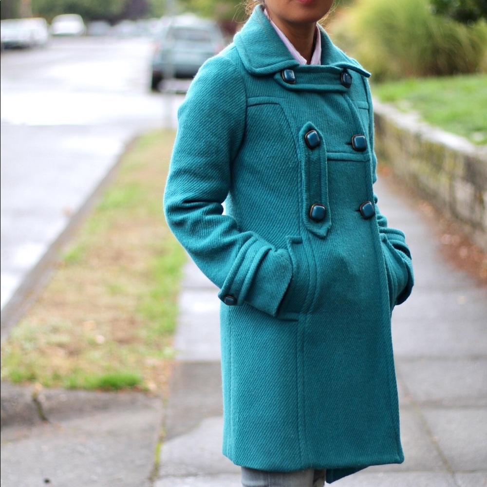 Barneys New York Teal Double-Breasted Wool Pea Coat